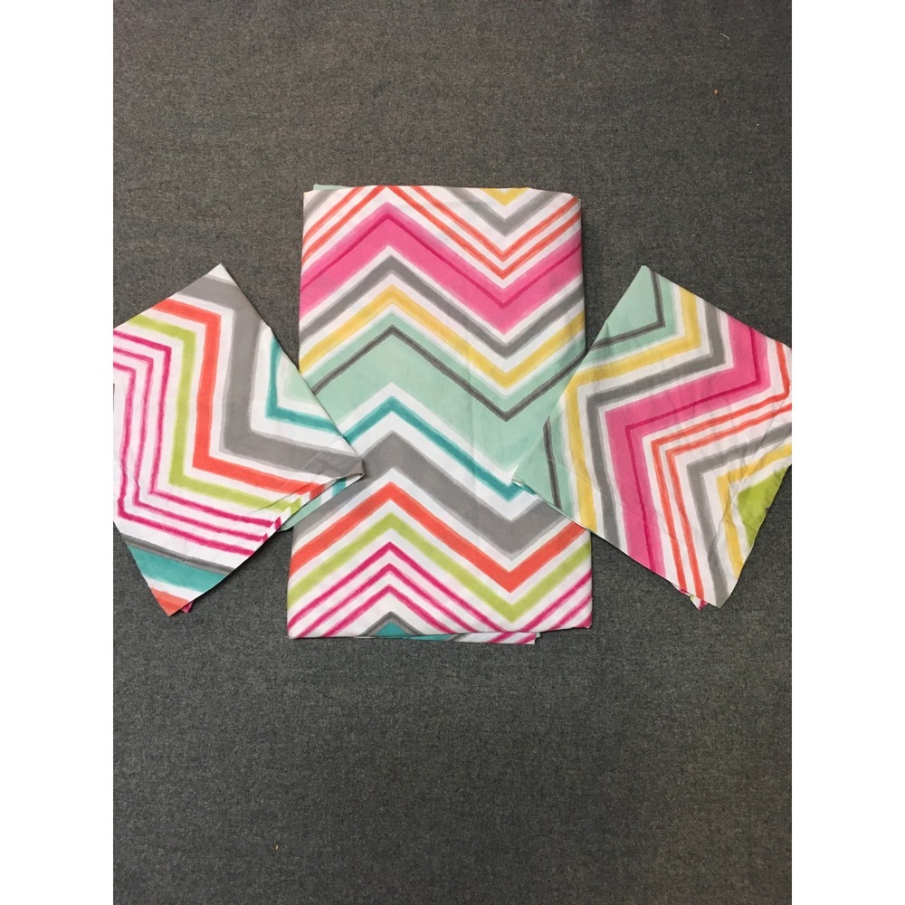 PBteen Duvet Cover Set Kids Full Queen Multicolor Chevron Organic 3pc Cotton